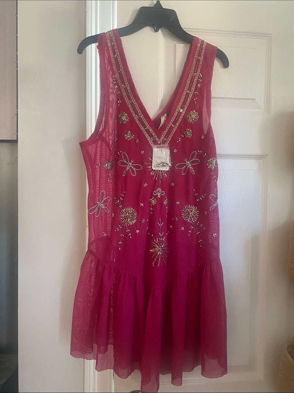 Free People Fuchsia Beaded V-Neck Mesh Dress